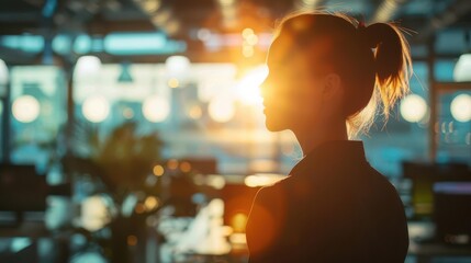 Silhouette of a woman standing in an office with sunset light streaming through the window, creating a serene and focused atmosphere.