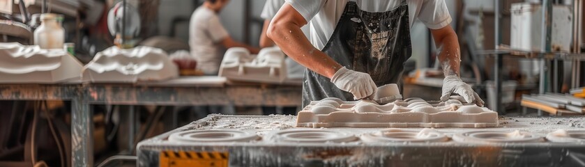 Craftsman working meticulously in a pottery workshop, making new ceramics with detailed precision and skill.