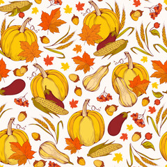 Thanksgiving Harvest Vector Seamless Pattern, Traditional Pumpkins and Orange Leaves. Autumn Holiday Celebration Wallpaper. Fall Season Colorful Hand-Drawn Natural Vegetables and Acorn for Fabrics