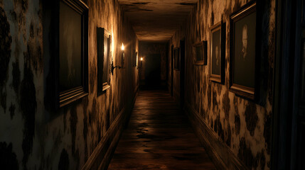 Dark hallway of a haunted house lined with peeling wallpaper, shadows cast by flickering candlelight, and eerie paintings on the walls