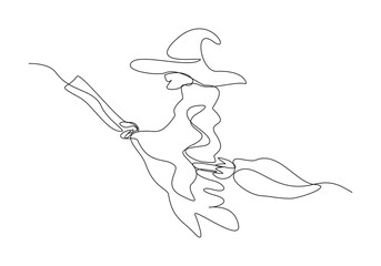 Continuous single line sketch drawing of wizard witch ride flying broom to the night sky halloween spooky concept one line vector illustration	