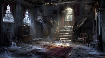 A crumbling haunted house with creaky wooden floors, cobweb-covered furniture, and moonlight seeping through shattered windows