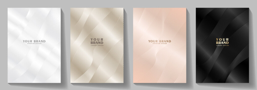 Black, gold, pink, white elegant cover design set, waves pattern. Modern Luxury vector art background. Premium fashionable template for cover design, invitation, flyer, wedding card, note book, menu