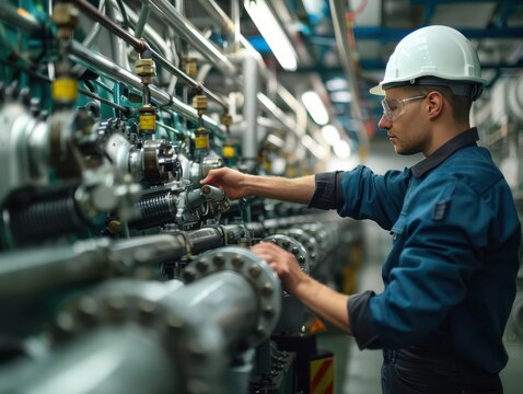 Engineer in protective gear inspecting industrial machinery in a factory, ensuring operational safety and efficiency.