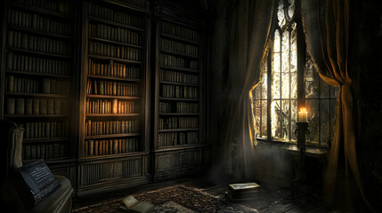 An old library inside a haunted house, with dusty bookshelves, torn curtains, and a single candle burning next to a cracked window
