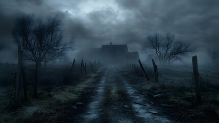 A fog-covered path leading to a haunted house, with dead trees on either side, broken fence posts, and dark clouds overhead