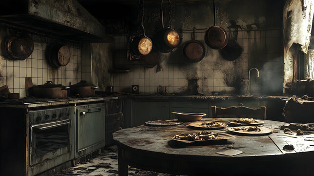 An old haunted house kitchen with rusty pots hanging from the ceiling, broken tiles on the floor, and moldy food left on the table