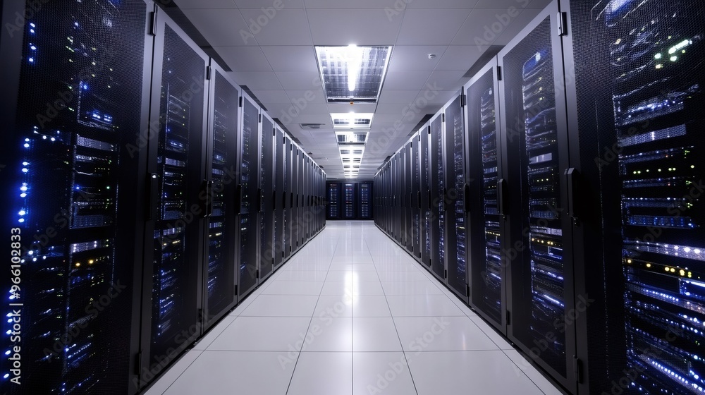 Poster long rows of server racks with glowing lights in a data center.