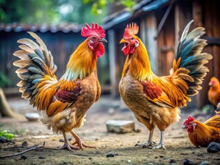 Fototapeta premium Two feisty backyard chickens, their vibrant plumage ruffled, face off in a dusty farmyard, beaks snapping, wings spread, in a fierce yet comical confrontation.
