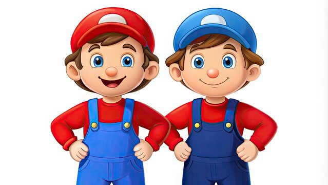 Two Animated Brothers Stand Side-By-Side Wearing Different Colored Overalls And Caps Against A White Background.