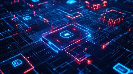 Abstract glowing circuit board with a blue digital lock icon.
