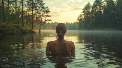 Fototapeta premium A woman swimming in a peaceful lake at sunrise surrounded by nature