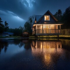 Fototapeta premium rain scene of house reflected on the water at night