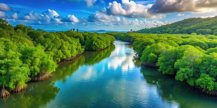 Vast Mangrove Forest With Winding Waterways And Lush Green Vegetation, Offering A Serene Getaway Into Nature'S Embrace.