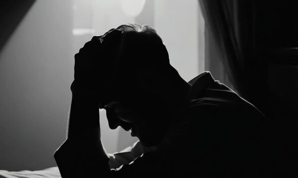 silhouette of a person crying and depressed in dark room