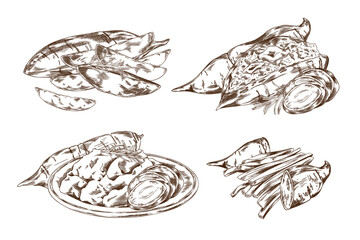Vector collection of sweet potato dishes: mashed, baked, sliced and straws in a sketch-style