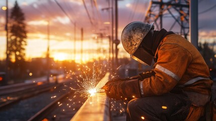 Fototapeta premium Welder Working on Rail During Sunset, Creating Sparks in Peaceful Surroundings
