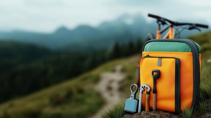Biking tools, repair kit on a mountain trail, 3D illustration