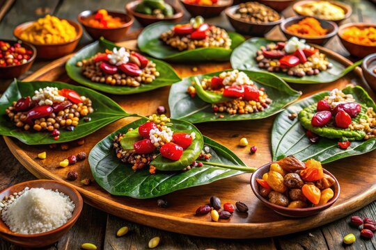 Vibrant, intricately arranged betel leaves filled with fragrant spices, nuts, and dried fruits create a visually stunning representation of traditional Indian paan cuisine.