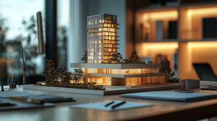 Architectural model of a modern building with warm lighting in a design office