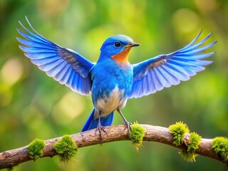 Fototapeta premium Vibrant And Cheerful Blue Bird Perched On A Branch With Its Wings Spread, Representing Hope And Happiness.