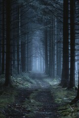 Fototapeta premium Misty foggy forest, fir mountains, natural mist landscape, dark woods view, mystery clouds on pine trees