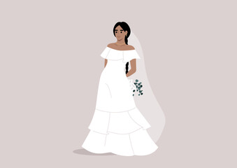 Fototapeta premium A breathtaking flamenco-inspired wedding dress showcasing elegant ruffles and a romantic silhouette, perfectly tailored for an enchanting celebration in a sunlit garden