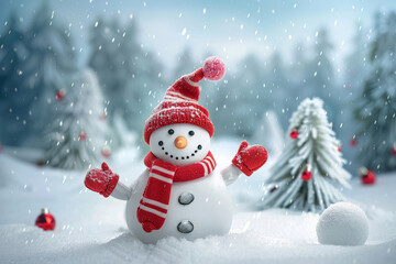 Fototapeta premium Christmas greeting card with bright winter holiday snowman and New Year background