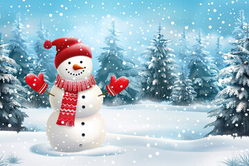 Obraz premium Christmas greeting card with bright winter holiday snowman and New Year background