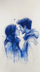 Fototapeta premium A sketch of a couple in winter wear, looking lovingly at each other with blue ink hearts floating above them, capturing love and warmth.