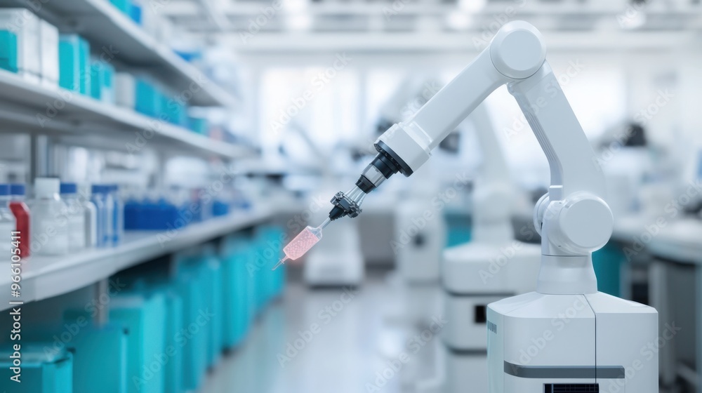 Poster biotechnology lab equipped with robotic systems for drug discovery and genetic research random add