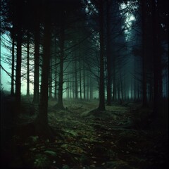 Fototapeta premium A mysterious and foggy forest with towering trees, creating an eerie and enchanted atmosphere during twilight.