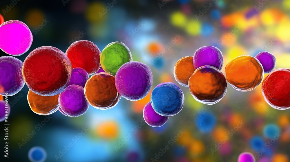 Poster a bunch of colorful spheres are floating in the air. the spheres are of different colors and sizes, 