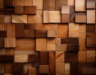 3D Render of Timber Tile Wall Art with Square Wood Blocks Creating a Natural Rustic Background
