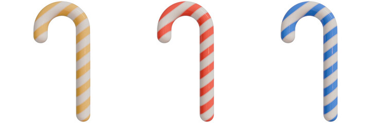 set of 3d christmas icons, three colorful candy canes with vibrant stripes, showcasing light orange, light red, light light blue against an isorated background