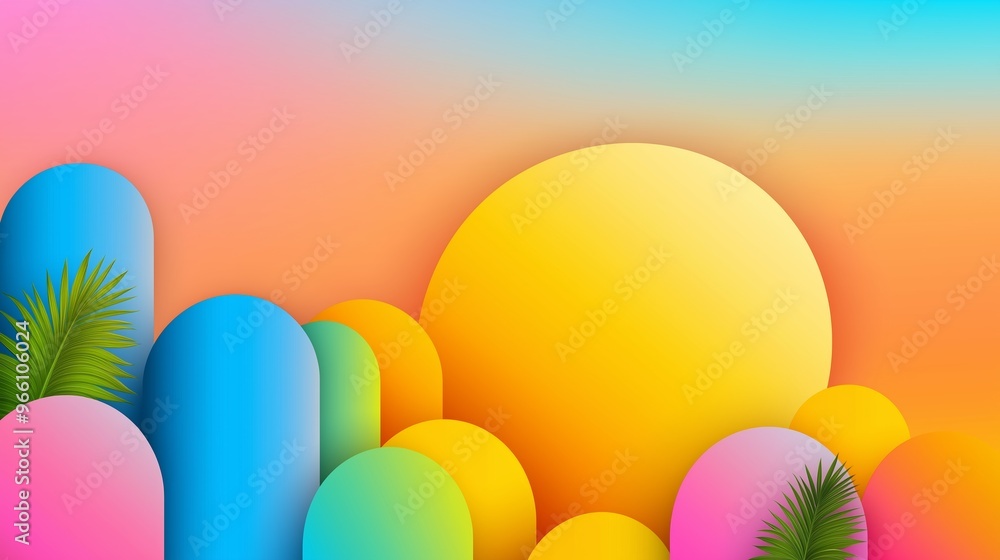 Poster a colorful background with a yellow sun and green leaves. the background is a mix of different color