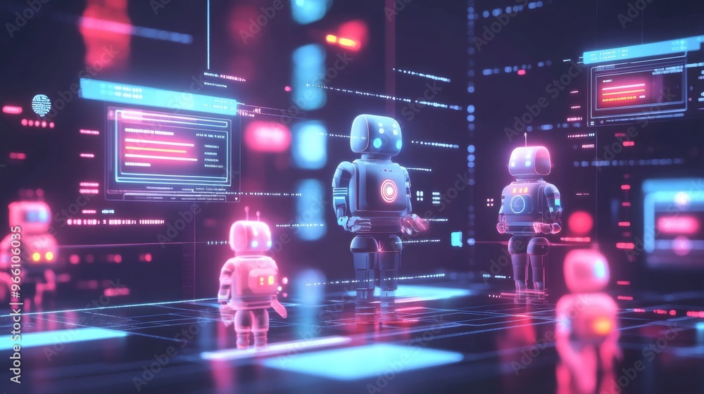 Poster robots standing in a futuristic digital space with glowing screens and lines.