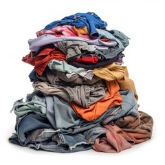 Laundry pile, dirty clothes heap isolated, dirty laundry clothing pile on white background