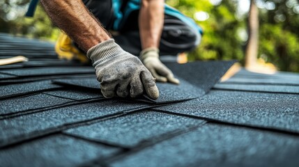 Skilled Roofer Installing Shingles with Precision on Pitched Rooftop for Seamless Finish