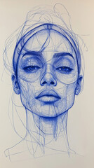 This tranquil portrait showcases a blue-hued close-up of a woman with a serene expression, adorned with a headband.