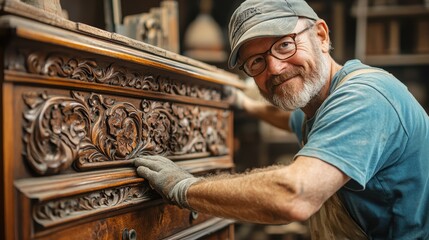 Talented furniture restorer expertly refinishing and reviving an antique dresser, their woodworking artistry and attention to detail shining through