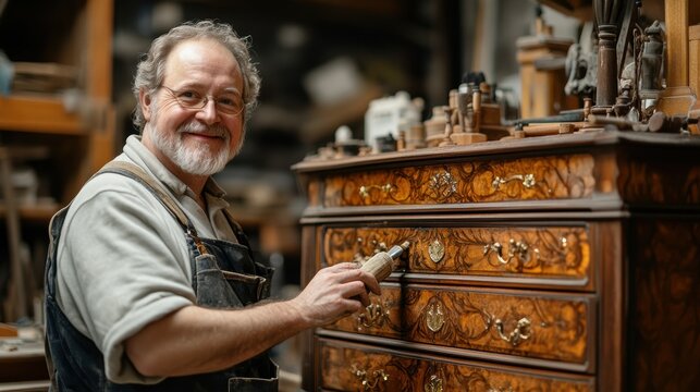 Talented furniture restorer expertly refinishing and reviving an antique dresser, their woodworking artistry and attention to detail shining through