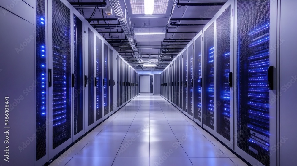 Poster row of server racks in a data center with blue lights.