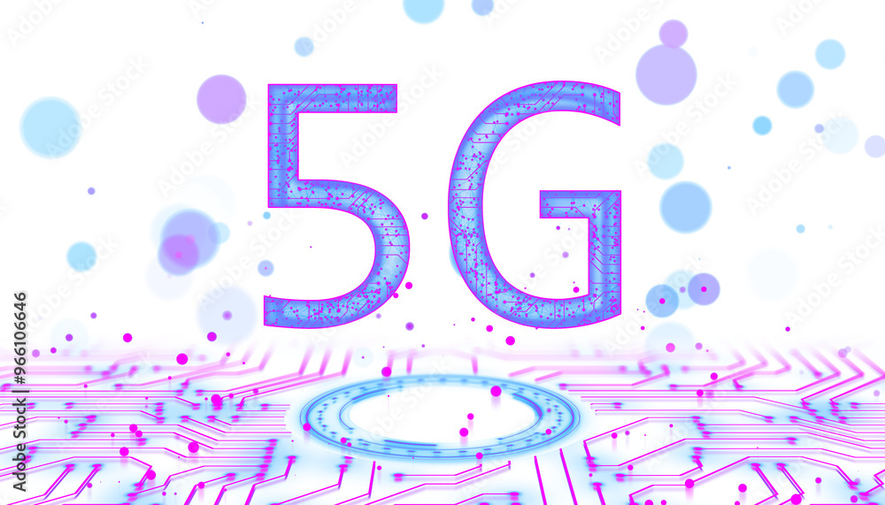Poster 5g concept with neon blue and pink circuit board and large 5g text on a white background. 3d renderi