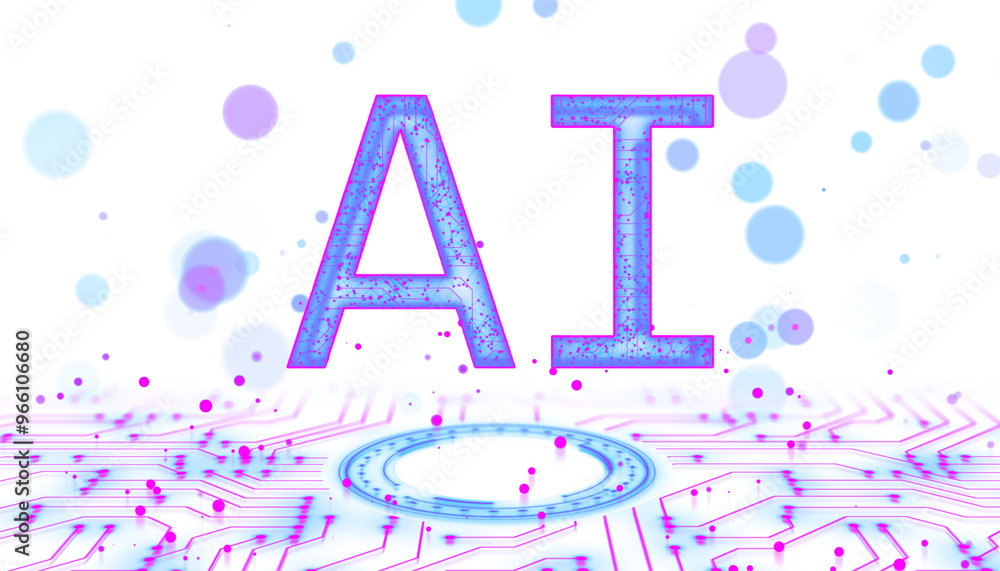 Poster Digital AI text with a neon circuit pattern, set against a white background with floating blue and purple circles, conveying technology concept. 3D Rendering