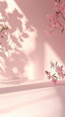 Luz primaveral, fondo rosado y flores rosadas en floración. Un toque de frescura para realzar productos de forma encantadora en tu tienda online