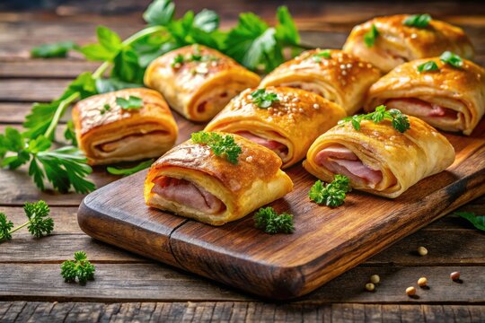 Vibrant close-up of crispy, golden-brown cachito pastries filled with melted cheese and ham, arranged on a rustic wooden board with a sprinkle of parsley.
