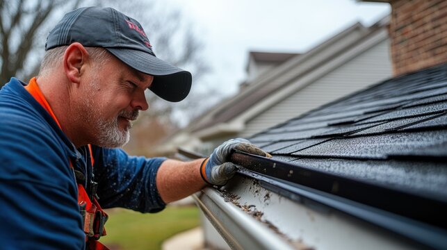 Dedicated gutter installer nimbly securing and aligning seamless rain gutters, their safety-conscious approach and attention to detail shining through