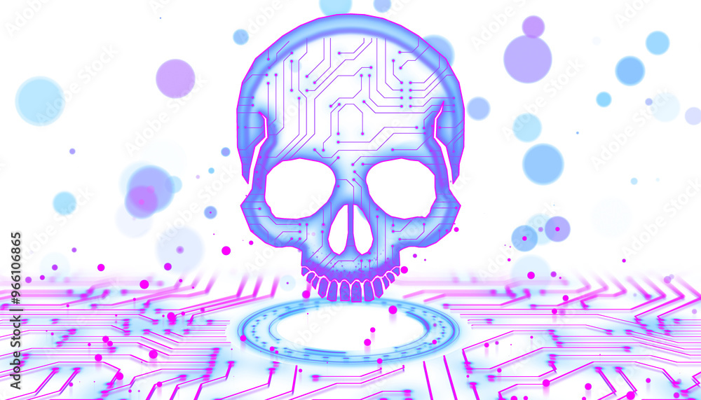 Poster a digital skull with a circuit board design, neon blue and pink lines on a white background. concept