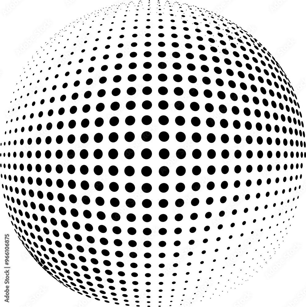 Poster abstract round 3d black sphere consisting of dots in form of halftone. scientific and technical fram